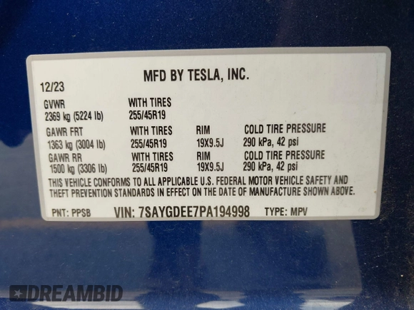 2023 Tesla Model Y Long Range with VIN 7SAYGDEE7PA194998, listed as a IAAI auction lot 41787170 with 16,221 mi miles and . Bid and sale history available at DreamBid. Image 9.