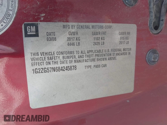 2008 Pontiac G6 z VIN 1G2ZG57N684245878, wystawiony jako IAAI lot #41583747 z przebiegiem 129 840 mil mil oraz . Historia ofert i sprzedaży dostępna na DreamBid. Obrazek 9.