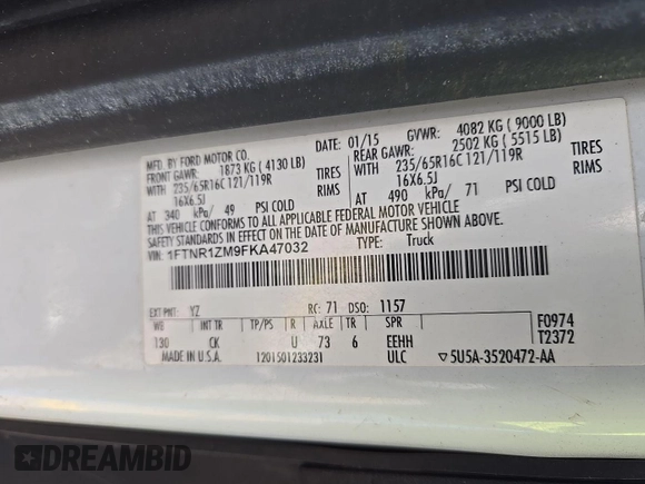 2015 Ford Transit Cargo with VIN 1FTNR1ZM9FKA47032, listed as a IAAI auction lot 42302028 with 127,215 mi miles and . Bid and sale history available at DreamBid. Image 7.