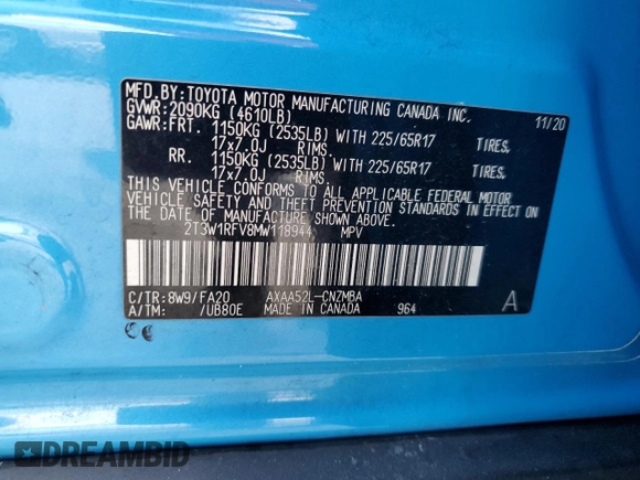 2021 Toyota RAV4 XLE with VIN 2T3W1RFV8MW118944, listed as a Copart auction lot 60824465 with 98,090 mi miles and Salvage title. Bid and sale history available at DreamBid. Image 13.