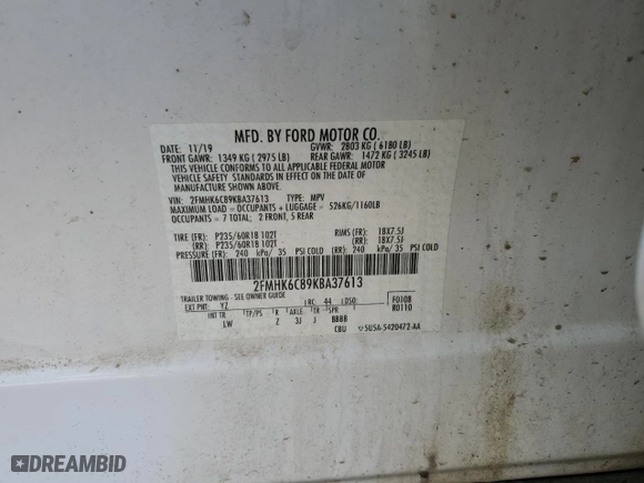 2019 Ford Flex SEL with VIN 2FMHK6C89KBA37613, listed as a Copart auction lot 50205265 with 91,157 mi miles and Salvage Title. Bid and sale history available at carsss.com. Image 15.
