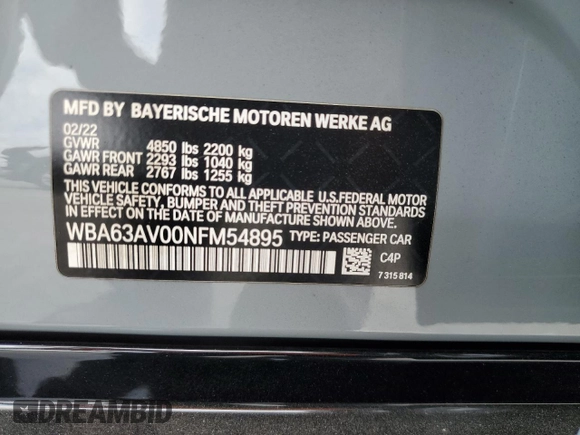 2022 BMW 4 Series 430i with VIN WBA63AV00NFM54895, listed as a Copart auction lot 59437215 with Not provided miles and Salvage title. Bid and sale history available at DreamBid. Image 12.