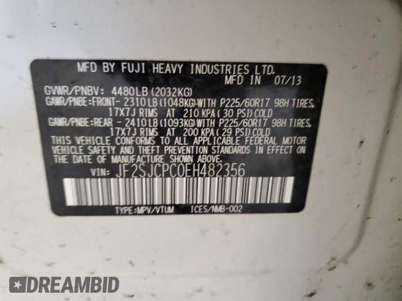 2014 Subaru Forester with VIN JF2SJCPC0EH482356, listed as a Copart auction lot 76072354 with 77,264 mi miles and Salvage title. Bid and sale history available at DreamBid. Image 13.