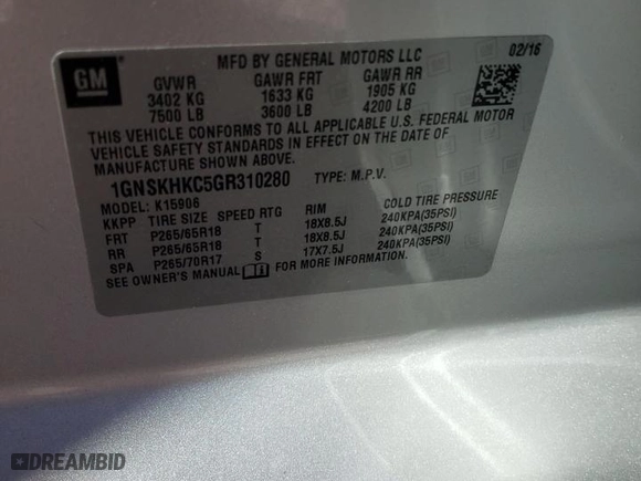 2016 Chevrolet Suburban LT with VIN 1GNSKHKC5GR310280, listed as a Copart auction lot 47633465 with 81,471 mi miles and Salvage Title. Bid and sale history available at carsss.com. Image 13.