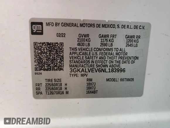2022 GMC Terrain SLT with VIN 3GKALVEV6NL183996, listed as a Copart auction lot 48064925 with 100,612 mi miles and Salvage Title. Bid and sale history available at carsss.com. Image 14.