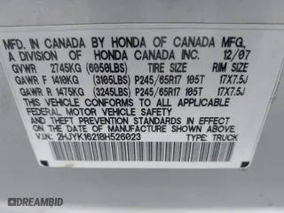 2008 Honda Ridgeline RT with VIN 2HJYK16218H526023, listed as a IAAI auction lot 41101231 with 189,706 mi miles. Bid and sale history available at carsss.com. Image 9.