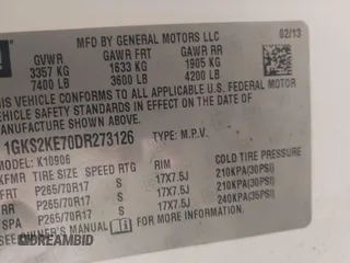 2013 GMC Yukon XL SLT with VIN 1GKS2KE70DR273126, listed as a IAAI auction lot 42147902 with 233,032 mi miles. Bid and sale history available at carsss.com. Image 9.