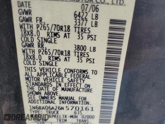 2006 Nissan Titan XE with VIN 1N6BA06A26N570161, listed as a Copart auction lot 85546414 with Not provided miles and Salvage title. Bid and sale history available at DreamBid. Image 12.