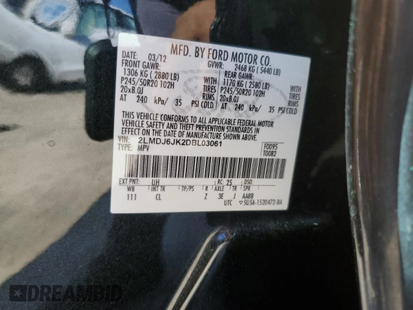 2013 Lincoln MKX z VIN 2LMDJ6JK2DBL03061, wystawiony jako Copart lot #49596545 z przebiegiem 183 933 mil mil oraz Szkoda całkowita • Salvage title. Historia ofert i sprzedaży dostępna na DreamBid. Obrazek 12.