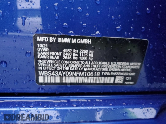 2022 BMW M3 Competition xDrive with VIN WBS43AY09NFM10618, listed as a Copart auction lot 41450415 with 21,935 mi miles and Non repairable. Bid and sale history available at DreamBid. Image 12.