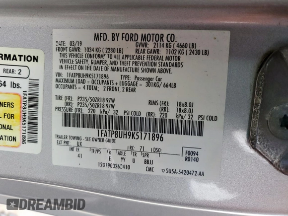 2019 Ford Mustang EcoBoost with VIN 1FATP8UH9K5171896, listed as a Copart auction lot 54945495 with 85,311 mi miles and Salvage title. Bid and sale history available at DreamBid. Image 13.