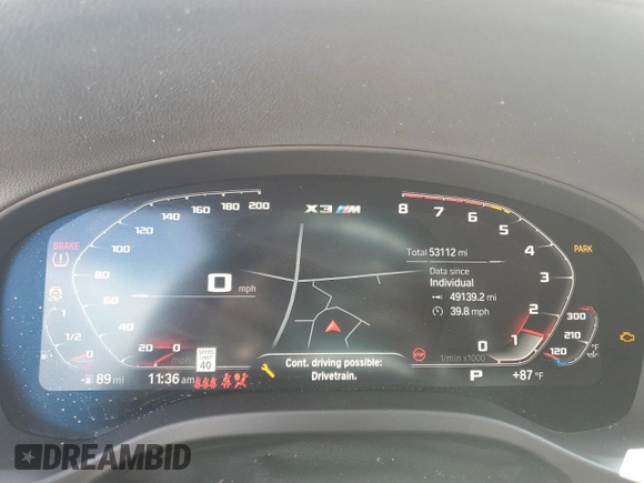 2021 BMW X3 M with VIN 5YMTS0C07M9G81496, listed as a Copart auction lot 63550525 with 53,112 mi miles and Salvage title. Bid and sale history available at DreamBid. Image 9.