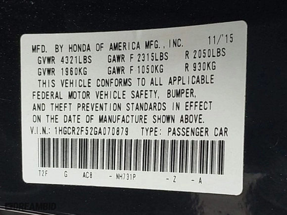 2016 Honda Accord Sedan Sport with VIN 1HGCR2F52GA070879, listed as a IAAI auction lot 41538233 with 195,153 mi miles. Bid and sale history available at carsss.com. Image 9.