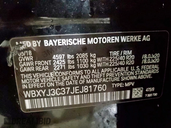 2018 BMW X2 sDrive28i with VIN WBXYJ3C37JEJ81760, listed as a Copart auction lot 54973475 with 64,000 mi miles and Clean title. Bid and sale history available at DreamBid. Image 13.