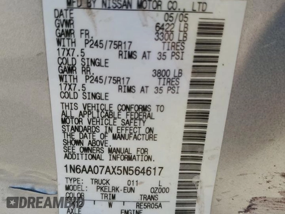 2005 Nissan Titan XE with VIN 1N6AA07AX5N564617, listed as a Copart auction lot 71100924 with 259,082 mi miles and Salvage Title. Bid and sale history available at DreamBid. Image 15.