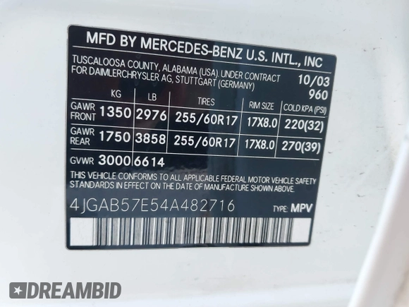 2004 Mercedes-Benz M 350 with VIN 4JGAB57E54A482716, listed as a IAAI auction lot 40731487 with 178,587 mi miles and . Bid and sale history available at DreamBid. Image 9.