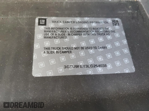 2020 GMC Sierra 1500 Denali z VIN 3GTU9FET3LG254038, wystawiony jako Copart lot #85047364 z przebiegiem Nie podano mil oraz Szkoda całkowita • Salvage title. Historia ofert i sprzedaży dostępna na DreamBid. Obrazek 12.