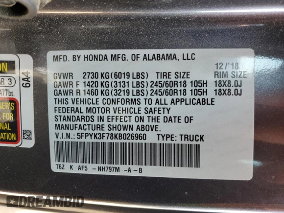 2019 Honda Ridgeline RTL-E с VIN 5FPYK3F78KB026960, выставлен на аукционе Copart как лот 52106125 с пробегом 42 092 миль миль и Чистый • Clean title. История ставок и продаж доступна на DreamBid. Изображение 12.