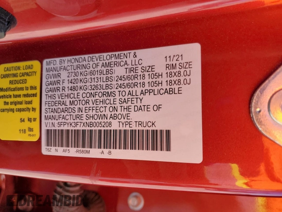 2022 Honda Ridgeline RTL-E z VIN 5FPYK3F7XNB005208, wystawiony jako Copart lot #52327035 z przebiegiem 32 139 mil mil oraz Szkoda całkowita • Salvage title. Historia ofert i sprzedaży dostępna na DreamBid. Obrazek 14.