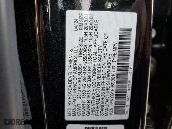 2025 Honda Pilot Black Edition with VIN 5FNYG1H98SB016703, listed as a Copart auction lot 82766044 with 16,758 mi miles and Salvage Title. Bid and sale history available at carsss.com. Image 14.