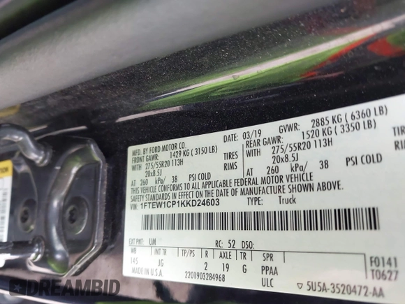2019 Ford F-150 XL with VIN 1FTEW1CP1KKD24603, listed as a IAAI auction lot 41464661 with 139,975 mi miles and . Bid and sale history available at carsss.com. Image 9.