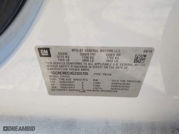 2016 Chevrolet Silverado 1500 LT with VIN 1GCRCREC9GZ265785, listed as a IAAI auction lot 41371453 with 270,932 mi miles. Bid and sale history available at carsss.com. Image 9.