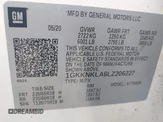 2020 GMC Acadia SLE with VIN 1GKKNKLA6LZ206227, listed as a IAAI auction lot 40414067 with 96,020 mi miles and . Bid and sale history available at carsss.com. Image 9.