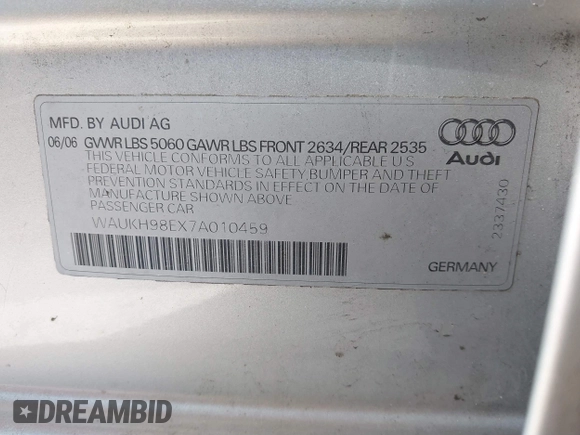 2007 Audi A4 z VIN WAUKH98EX7A010459, wystawiony jako IAAI lot #41450309 z przebiegiem 177 860 mil mil oraz . Historia ofert i sprzedaży dostępna na DreamBid. Obrazek 9.