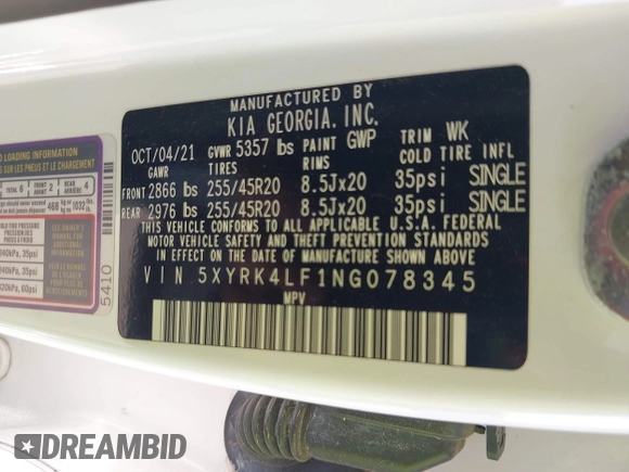 2022 Kia Sorento SX with VIN 5XYRK4LF1NG078345, listed as a IAAI auction lot 42016359 with 102,856 mi miles and . Bid and sale history available at DreamBid. Image 9.