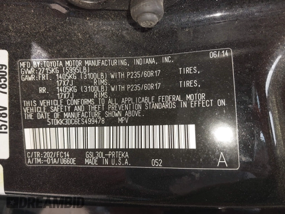 2014 Toyota Sienna LE AAS with VIN 5TDKK3DC6ES499478, listed as a IAAI auction lot 41918474 with 127,734 mi miles and . Bid and sale history available at carsss.com. Image 9.