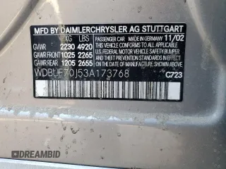 2003 Mercedes-Benz E-Class 5.0L with VIN WDBUF70J53A173768, listed as a Copart auction lot 87950675 with 0 mi miles and Salvage Title. Bid and sale history available at carsss.com. Image 12.