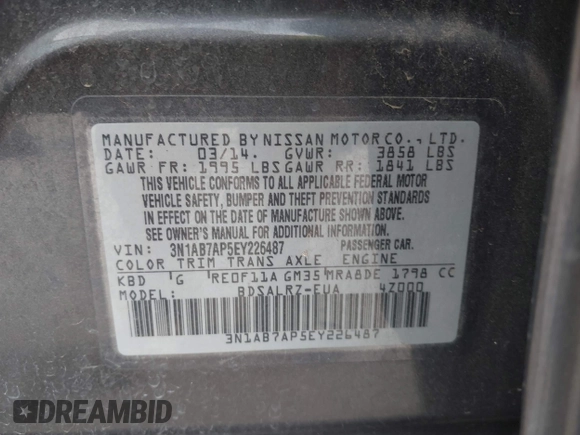 2014 Nissan Sentra SV z VIN 3N1AB7AP5EY226487, wystawiony jako IAAI lot #42053736 z przebiegiem 100 110 mil mil oraz . Historia ofert i sprzedaży dostępna na DreamBid. Obrazek 9.