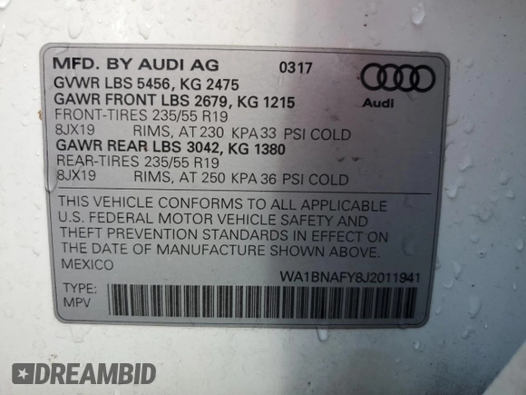 2018 Audi Q5 Premium Plus with VIN WA1BNAFY8J2011941, listed as a Copart auction lot 51845805 with 131,273 mi miles and Non Repairable. Bid and sale history available at DreamBid. Image 13.