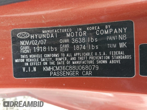 2008 Hyundai Accent GS with VIN KMHCM36C88U068079, listed as a Copart auction lot 47490165 with 196,818 mi miles and Salvage Title. Bid and sale history available at carsss.com. Image 12.