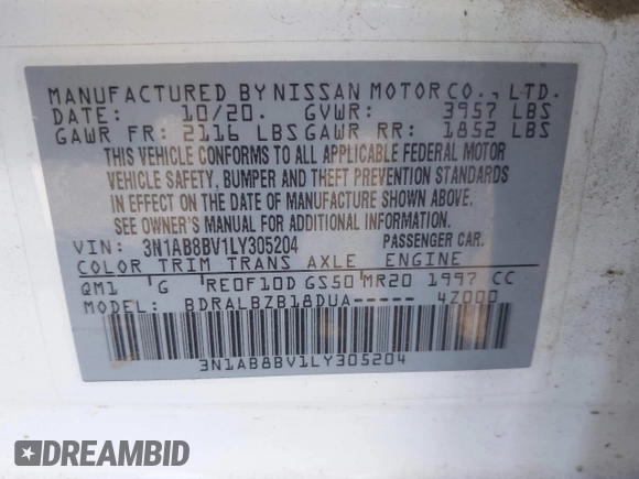 2020 Nissan Sentra S with VIN 3N1AB8BV1LY305204, listed as a IAAI auction lot 41749018 with 40,381 mi miles. Bid and sale history available at carsss.com. Image 9.
