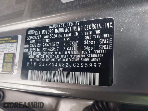 2018 Kia Sorento LX with VIN 5XYPG4A32JG395997, listed as a IAAI auction lot 41718004 with 1 mi miles. Bid and sale history available at carsss.com. Image 9.