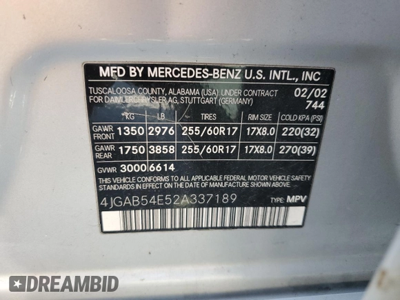 2002 Mercedes-Benz M-Class with VIN 4JGAB54E52A337189, listed as a Copart auction lot 71348154 with 220,378 mi miles and Salvage Title. Bid and sale history available at carsss.com. Image 16.