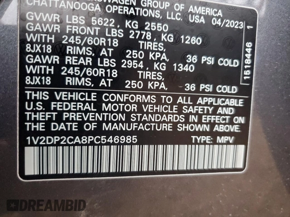 2023 Volkswagen Atlas SE z VIN 1V2DP2CA8PC546985, wystawiony jako Copart lot #82829024 z przebiegiem 48 439 mil mil oraz Szkoda całkowita • Salvage title. Historia ofert i sprzedaży dostępna na DreamBid. Obrazek 13.