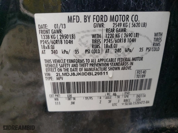 2013 Lincoln MKX with VIN 2LMDJ8JK0DBL29511, listed as a Copart auction lot 55178084 with NaN miles and Non Repairable. Bid and sale history available at carsss.com. Image 14.