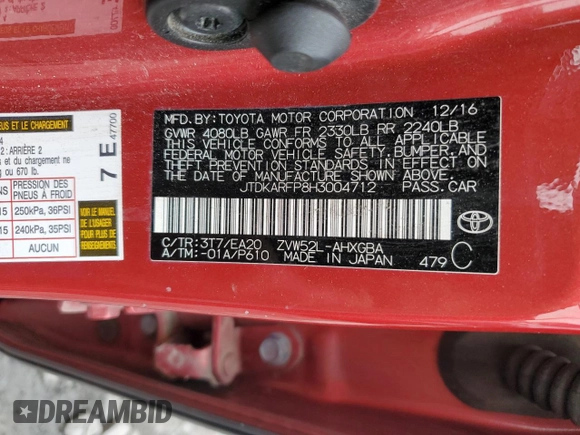2017 Toyota Prius Plus z VIN JTDKARFP8H3004712, wystawiony jako Copart lot #58501675 z przebiegiem 156 195 mil mil oraz Szkoda całkowita • Salvage title. Historia ofert i sprzedaży dostępna na DreamBid. Obrazek 12.