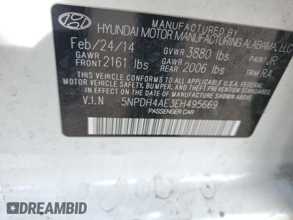 2014 Hyundai Elantra SE with VIN 5NPDH4AE3EH495669, listed as a Copart auction lot 50342015 with 110,326 mi miles and Salvage Title. Bid and sale history available at DreamBid. Image 12.
