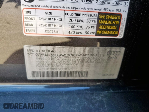 2007 Audi A3 with VIN WAUHF78P07A224785, listed as a Copart auction lot 56322665 with 125,043 mi miles and Salvage title. Bid and sale history available at DreamBid. Image 12.