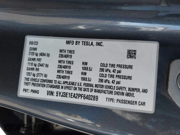 2023 Tesla Model 3 with VIN 5YJ3E1EA2PF640289, listed as a IAAI auction lot 42000200 with 14,194 mi miles and . Bid and sale history available at DreamBid. Image 9.