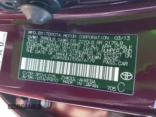 2013 Toyota Prius One with VIN JTDKN3DU7D5616179, listed as a IAAI auction lot 41640997 with 130,411 mi miles. Bid and sale history available at carsss.com. Image 9.