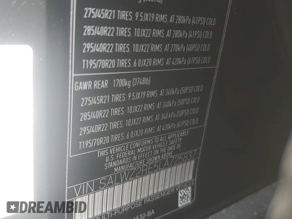 2020 Land Rover Range Rover Sport SVR z VIN SALWZ2RE5LA725837, wystawiony jako Copart lot #73932264 z przebiegiem Nie podano mil oraz Nie do naprawy • Non repairable. Historia ofert i sprzedaży dostępna na DreamBid. Obrazek 14.