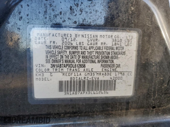 2013 Nissan Sentra S with VIN 3N1AB7APXDL612656, listed as a Copart auction lot 55550195 with 164,008 mi miles and Non Repairable. Bid and sale history available at DreamBid. Image 12.