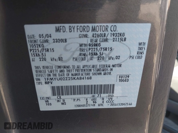 2005 Ford Escape XLS Value with VIN 1FMYU02Z25KA84168, listed as a IAAI auction lot 42690711 with 163,834 mi miles and . Bid and sale history available at DreamBid. Image 9.