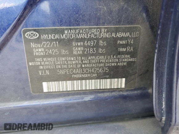 2012 Hyundai Sonata Limited with VIN 5NPEC4AB3CH425675, listed as a Copart auction lot 56208204 with Not Provided miles and Non Repairable. Bid and sale history available at DreamBid. Image 12.