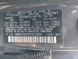 2023 Hyundai Kona Limited with VIN KM8K53A35PU010834, listed as a IAAI auction lot 40705536 with 29,459 mi miles. Bid and sale history available at carsss.com. Image 9.