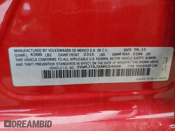 2010 Volkswagen Jetta Wolfsburg Edition with VIN 3VWRJ7AJXAM154666, listed as a Copart auction lot 60556875 with 149,509 mi miles and Salvage title. Bid and sale history available at DreamBid. Image 12.